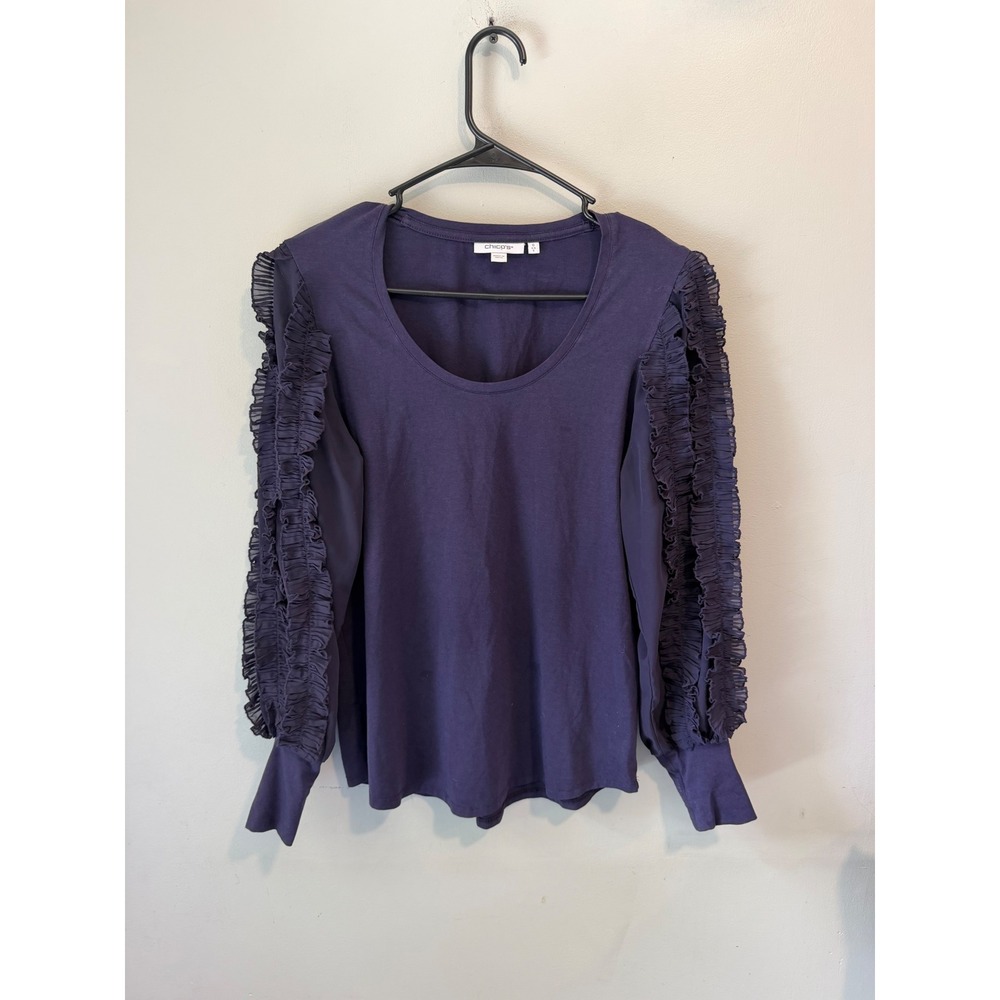 Chicos Purple Pima Cotton Modal Ruffle Mesh Long Sleeve Scoop Neck Top Size 0‎ S